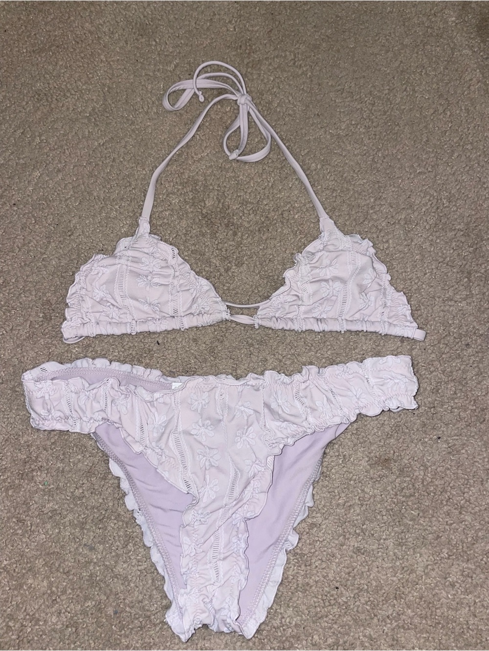 aerie Lavender Ruffled Floral Embroidered Triangle Bikini